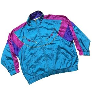 Two Twenty Women's‎ 90's Windbreaker Jacket Floral Embroidery Colorblock XL VTG